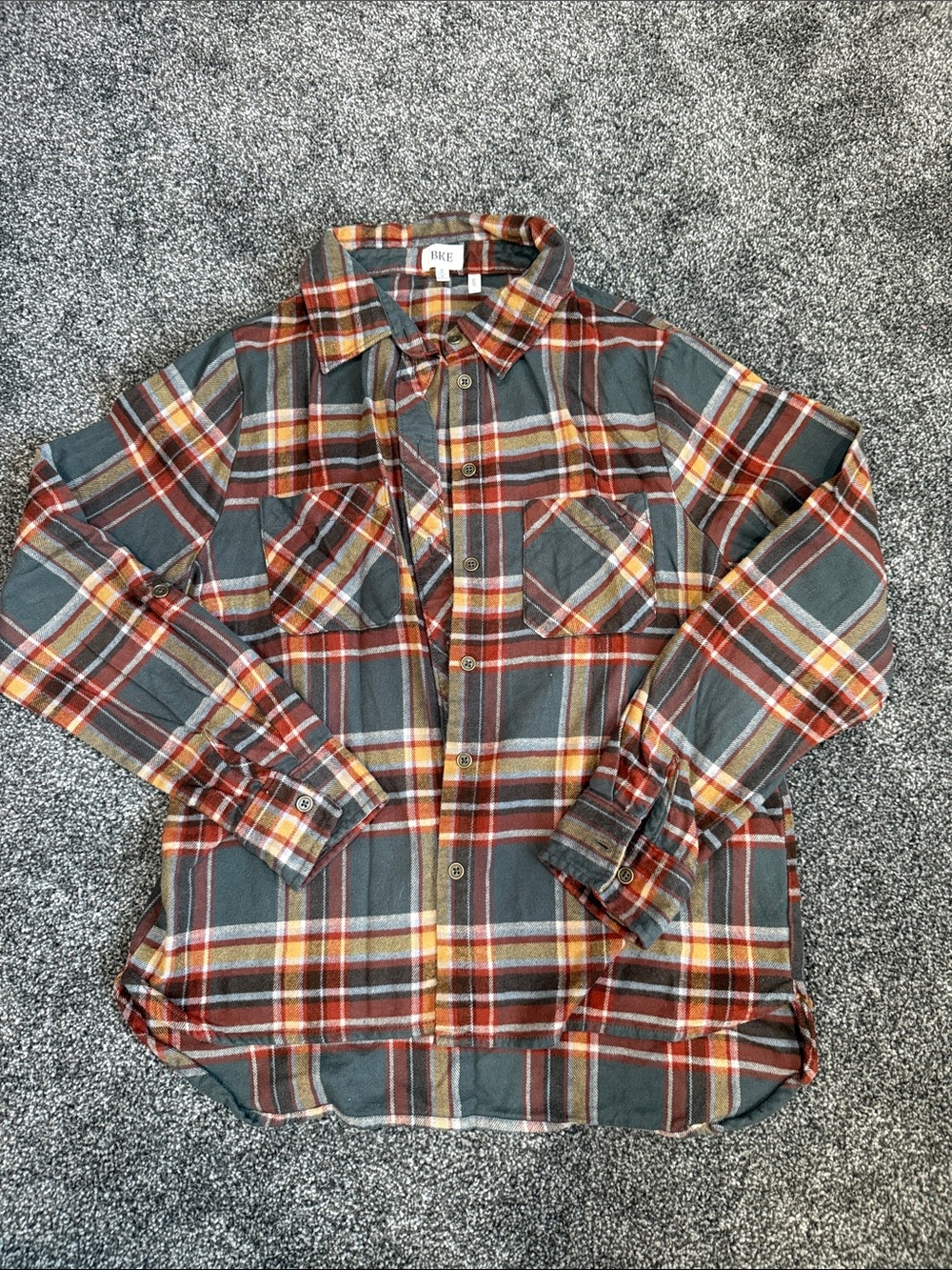 BKE women’s Green Plaid Button-Down Shirt with Red and Yellow Stripes